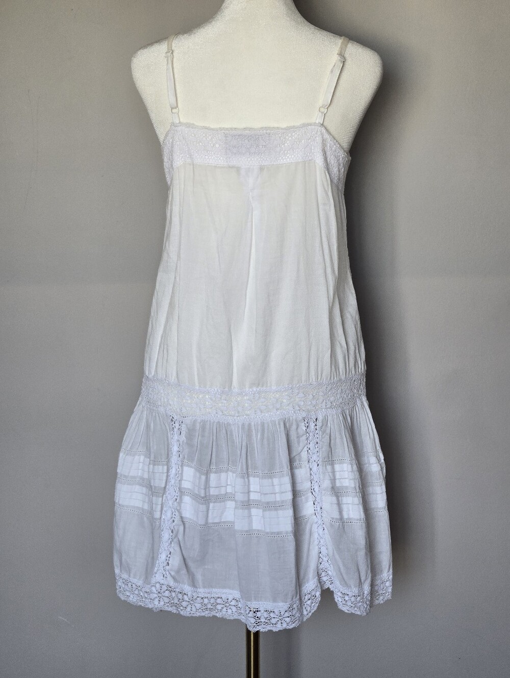 Boho Western Babydoll Lace-Trim Spaghetti Strap Sheer Mini Dress in White Size S - Picture 4 of 10